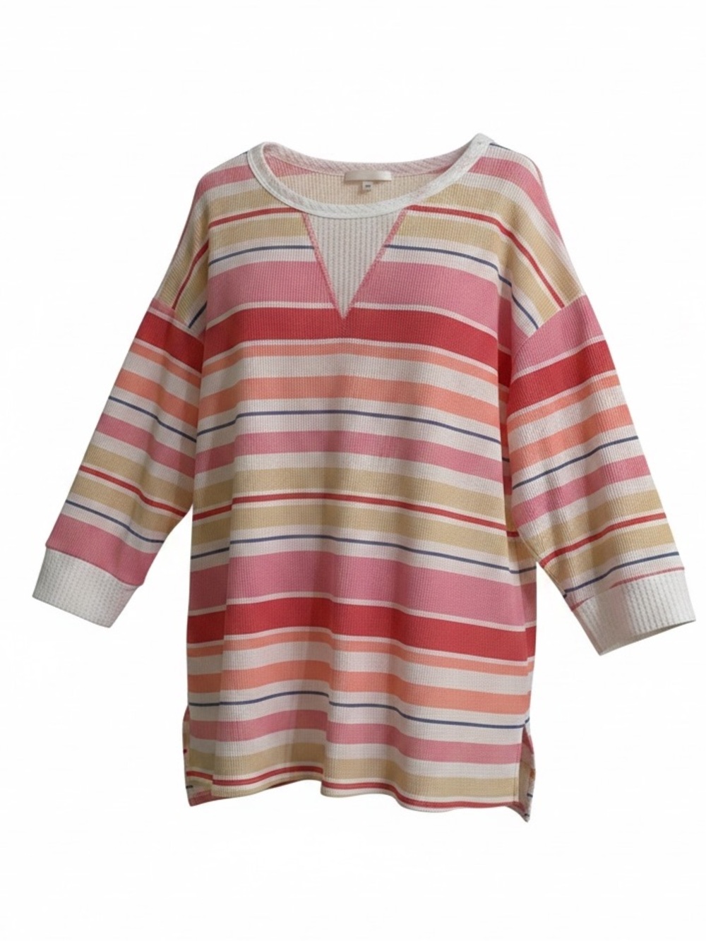Honeyme Soft Striped Waffle-Knit Top in Pink, Coral & Cream Sz XXXL